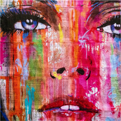 A large, vibrant painting of a woman's face on a series of news clippings using a combination of pink, orange, green, blue and black tones