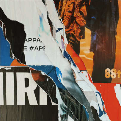 A collage of layered posters on a wall, with a large rip running from the top down to expose the different layers underneath. The numbers '88' with an arrow pointing up is printed on the right and big, bold white lettering against a black backdrop on the left