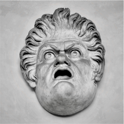 A sculpture of an expressive figure with long, wavy hair, looking upwards with wide, shocked eyes and open mouthed